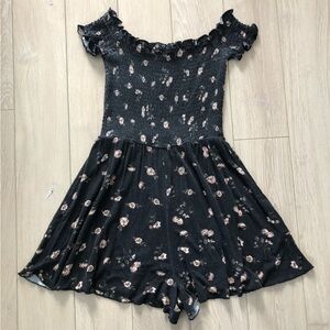 Garage Floral Gathered Romper in Black & Pink